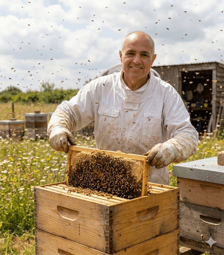 Vörös Richárd méhész prémium fajtaméz termelése közben